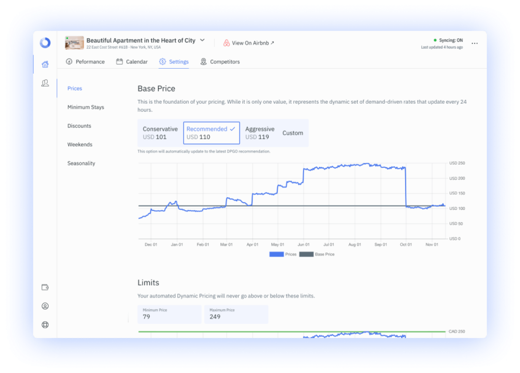 This is your DPGO dynamic pricing tool menu. Here you can set your Base Price, plus your Minimum and Maximum prices.