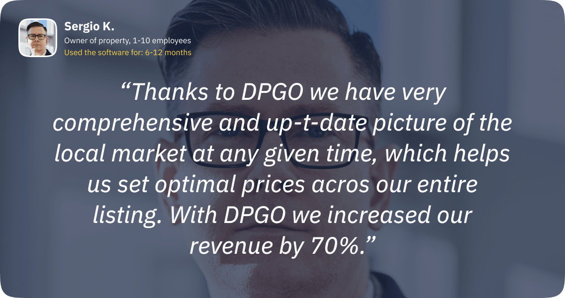 Thanks to DPGO we have very comprehensive and up-t-date picture of the local market at any given time, which helps us set optimal prices acros our entire listing. With DPGO we increased our revenue by 70%.